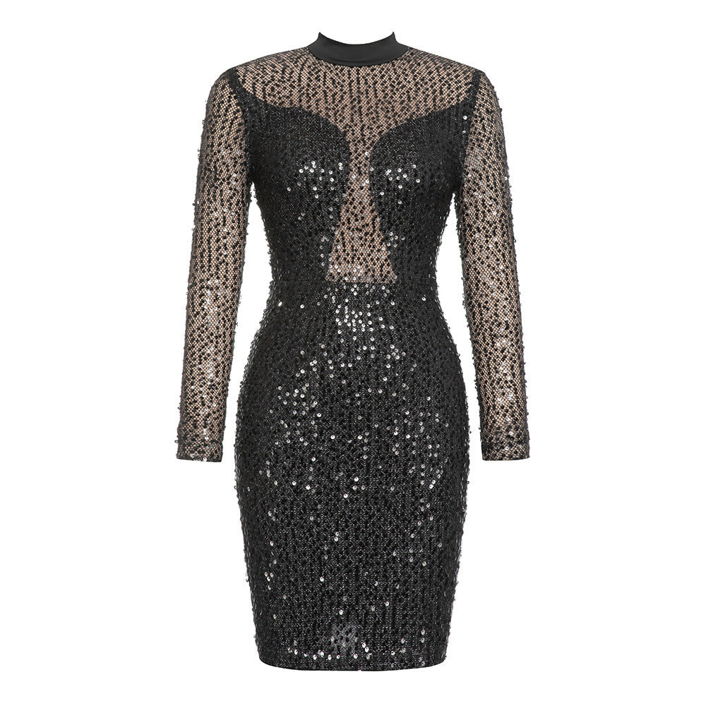 Simple Round Neck Sequ Stitching Mesh Long Sleeve Dress - View 3
