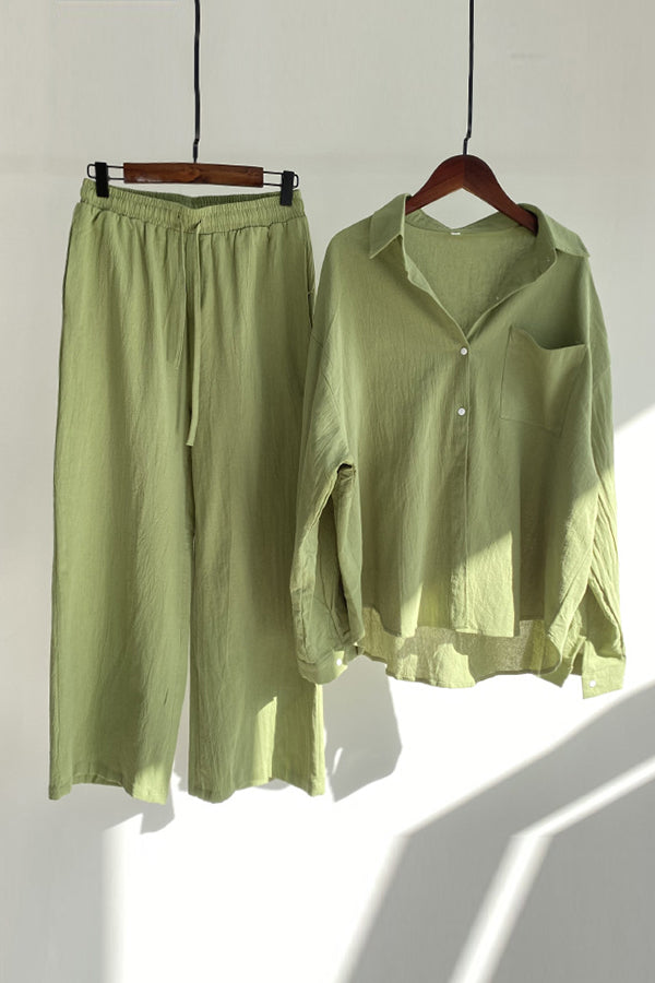 Button Blouse Wide Leg Pants Set