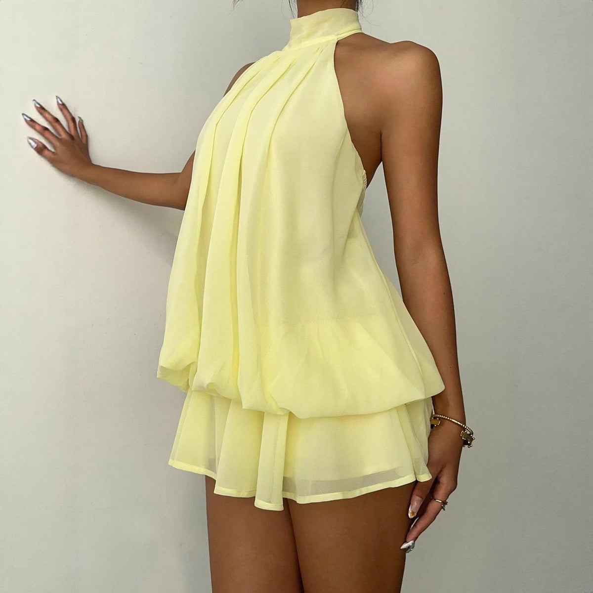 Sheer Chiffon Halter Neck Backless Layered Ruffle Mini Dress 2