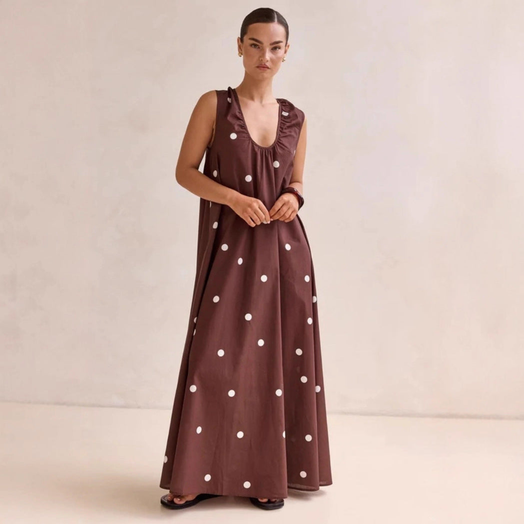 Dress Polka Dot Print U Collar Wide Hem Loose Sleeveless Long Jumper Dress