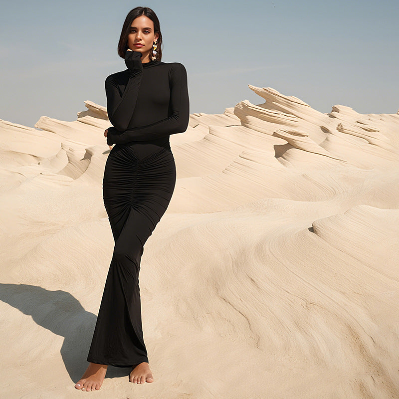 Mock Neck Long Sleeve Ruched Front Bodycon Maxi Dress 3