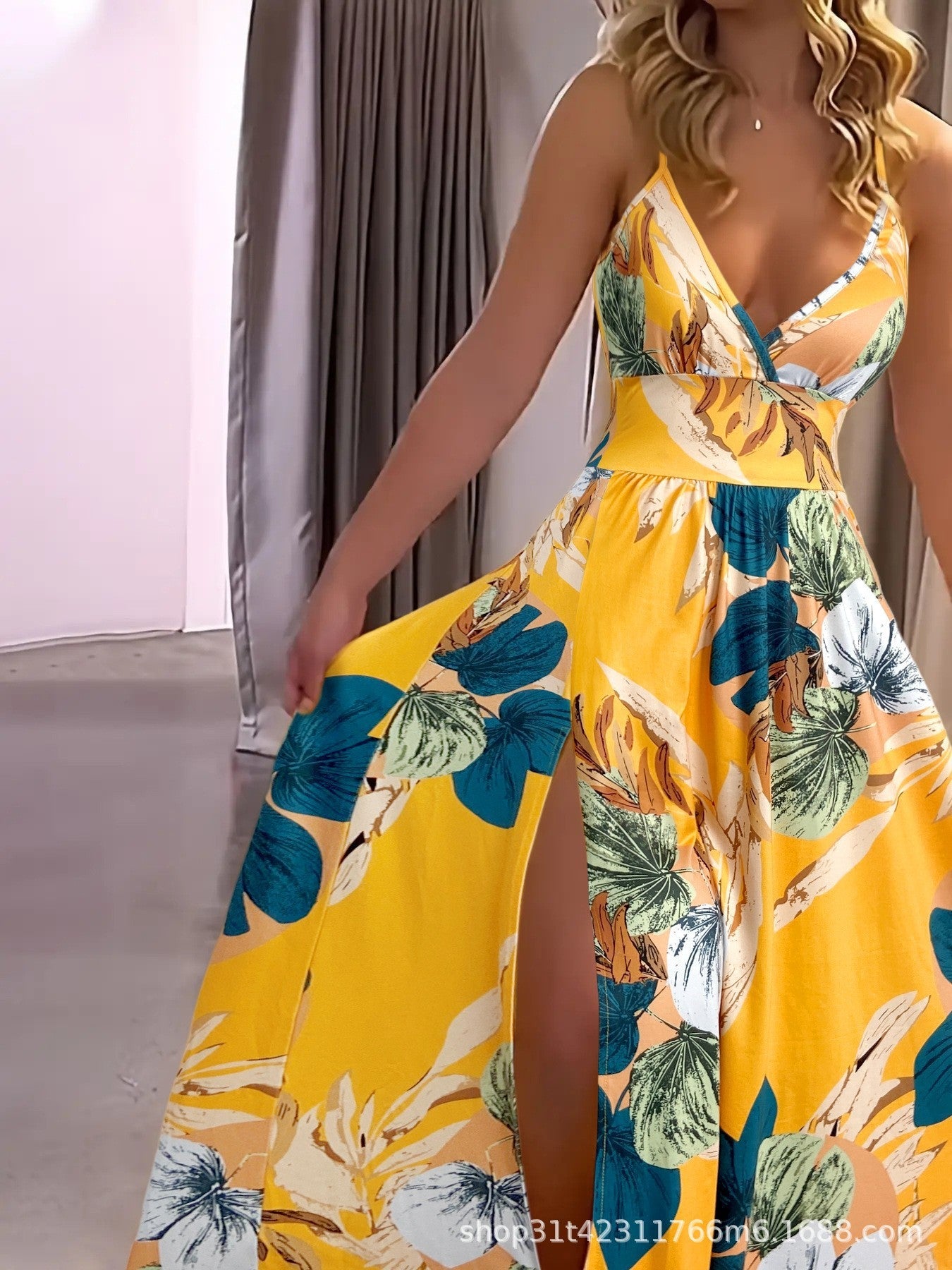 V-Neck Spaghetti Strap High Split Maxi Gown 12