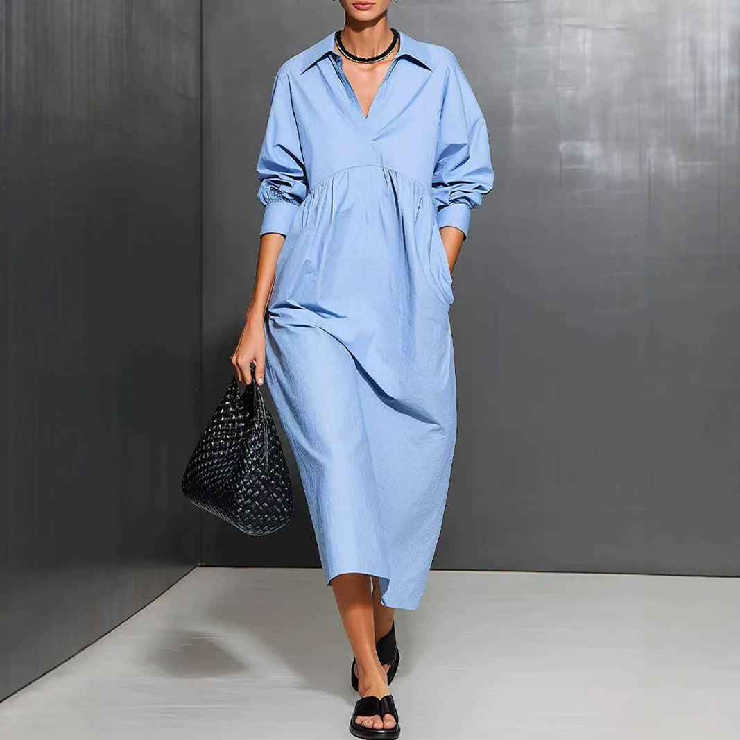 Collared V-Neck Long Sleeve Empire Waist Loose Midi Shirt Dress 6