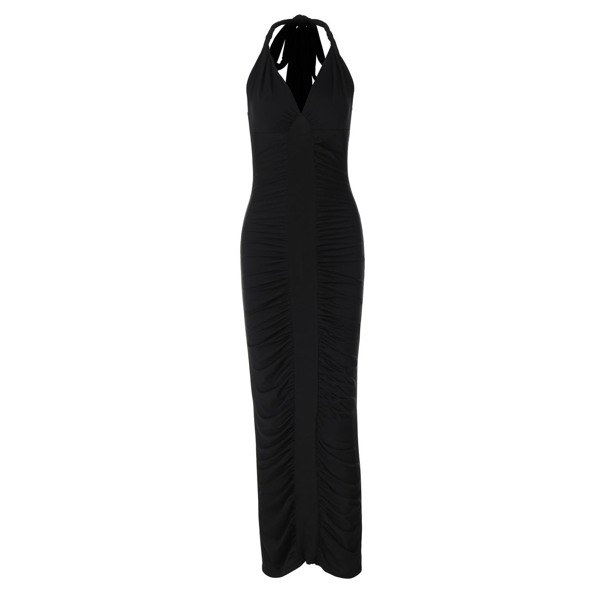 Halter Neck Deep V-Neck Ruched Bodycon Maxi Dress 6