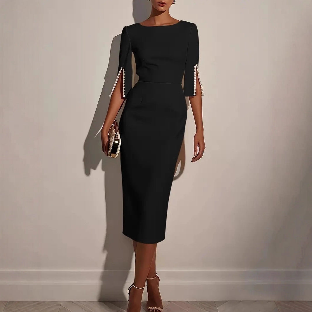 Boat Neck Split Sleeve Pearl Button Bodycon Midi Dress 4