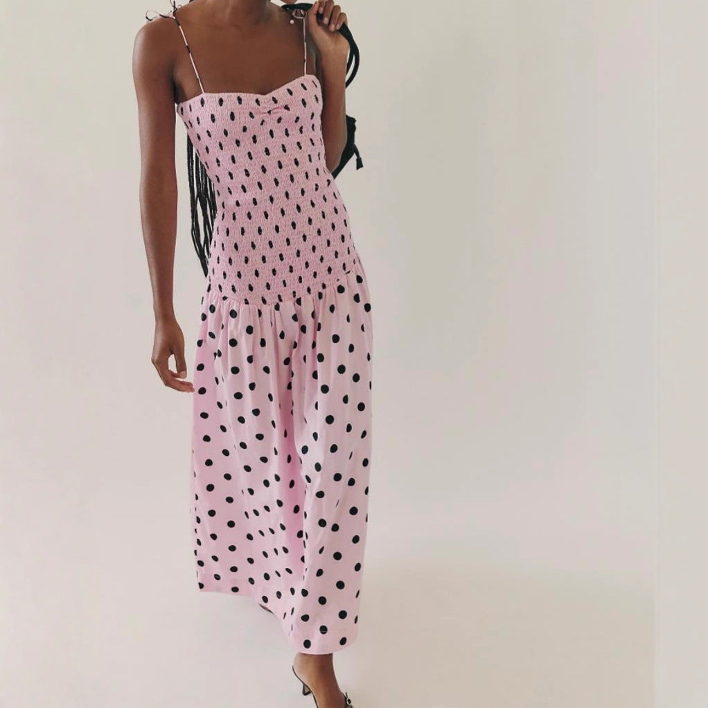 Polka Dot Smocked Bodice Tie Strap Cami Drop Waist Midi Dress
