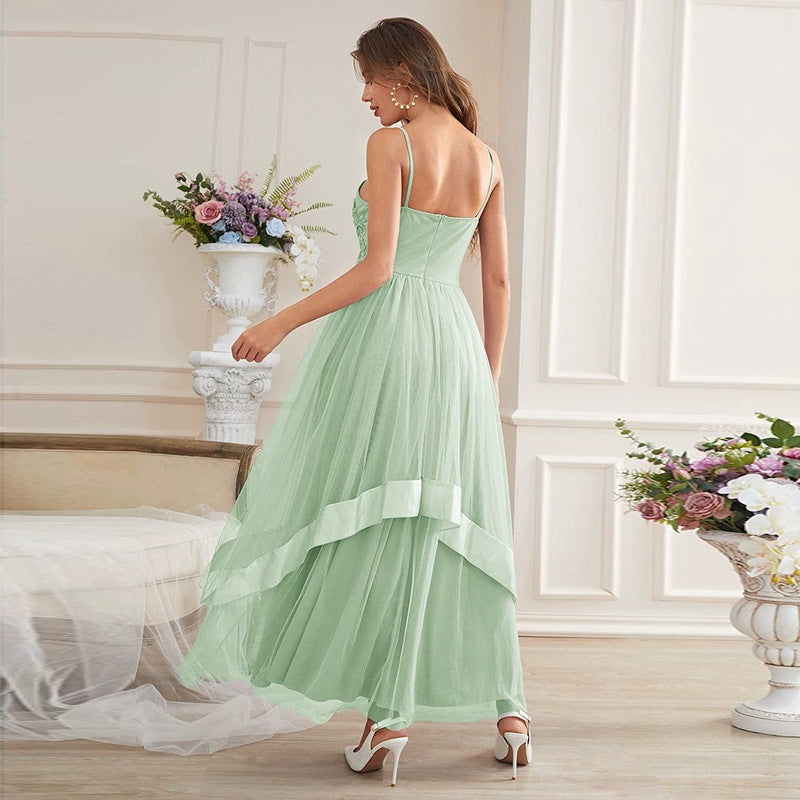 Mesh Tulle Lace Applique Spaghetti Strap V-Neck Tiered Ruffle Maxi Gown