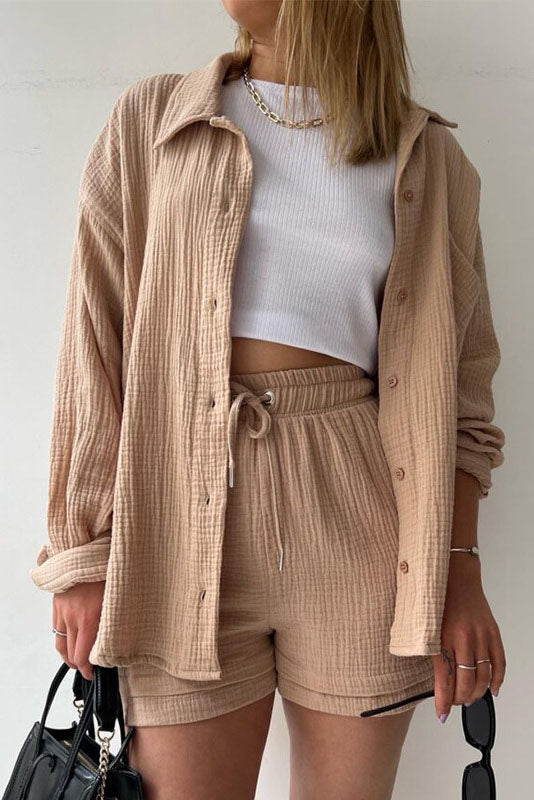 Solid Color Mock Neck Top and High-Waist Shorts Set