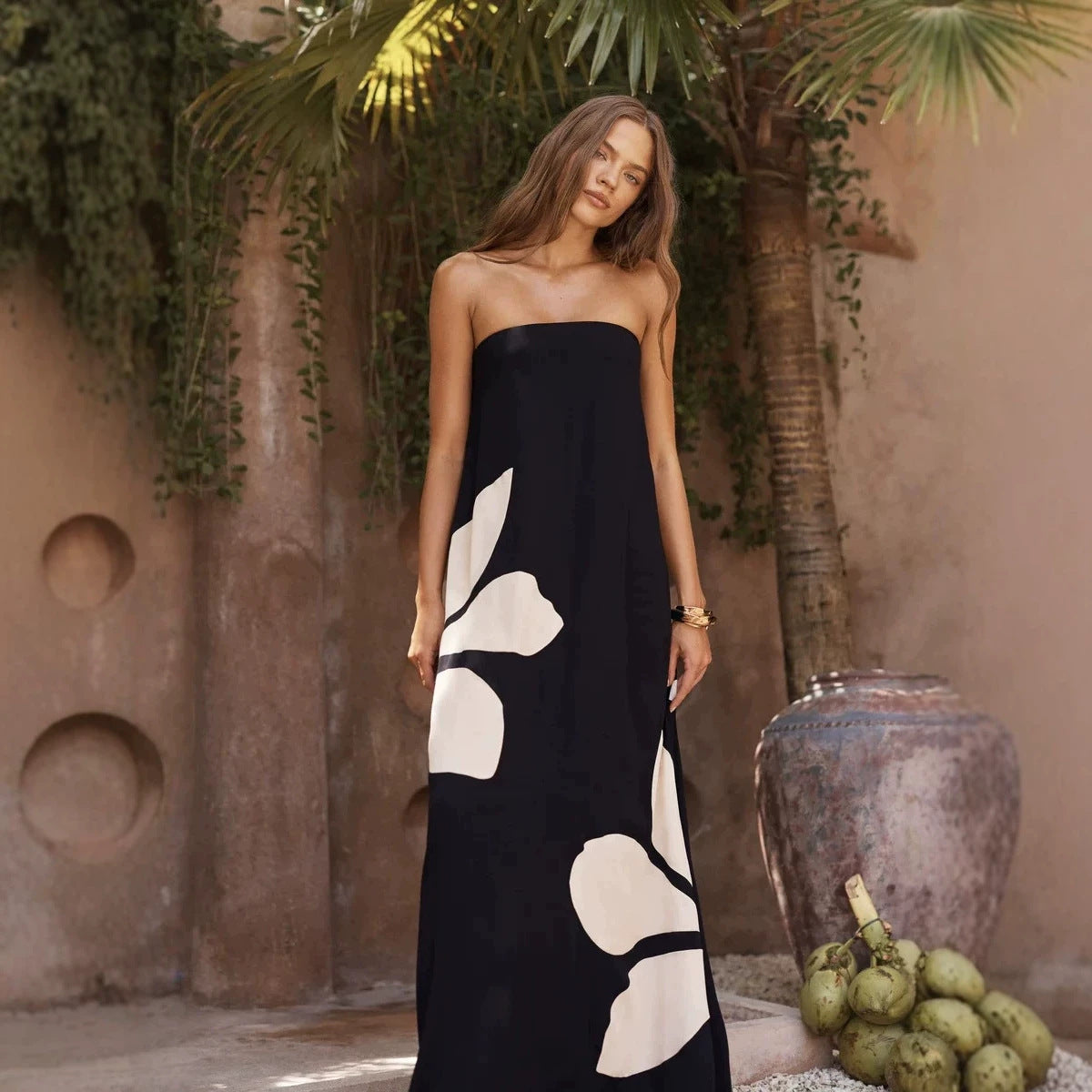Abstract Leaf Print Strapless Bandeau Loose A-Line Maxi Dress