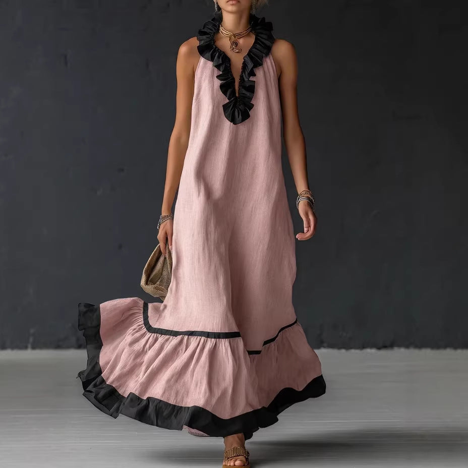 Sleeveless Ruffle Trim Tiered Linen Maxi Dress