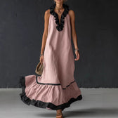 Sleeveless Ruffle Trim Tiered Linen Maxi Dress