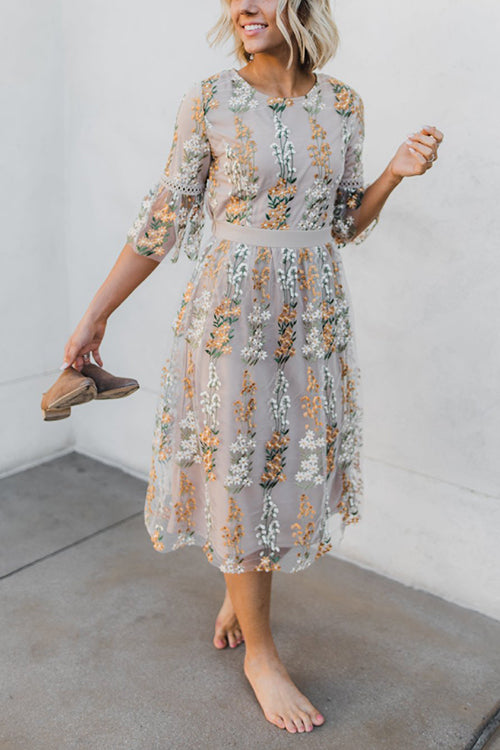 Flutter Sleeves Bloom Embroidered Dress