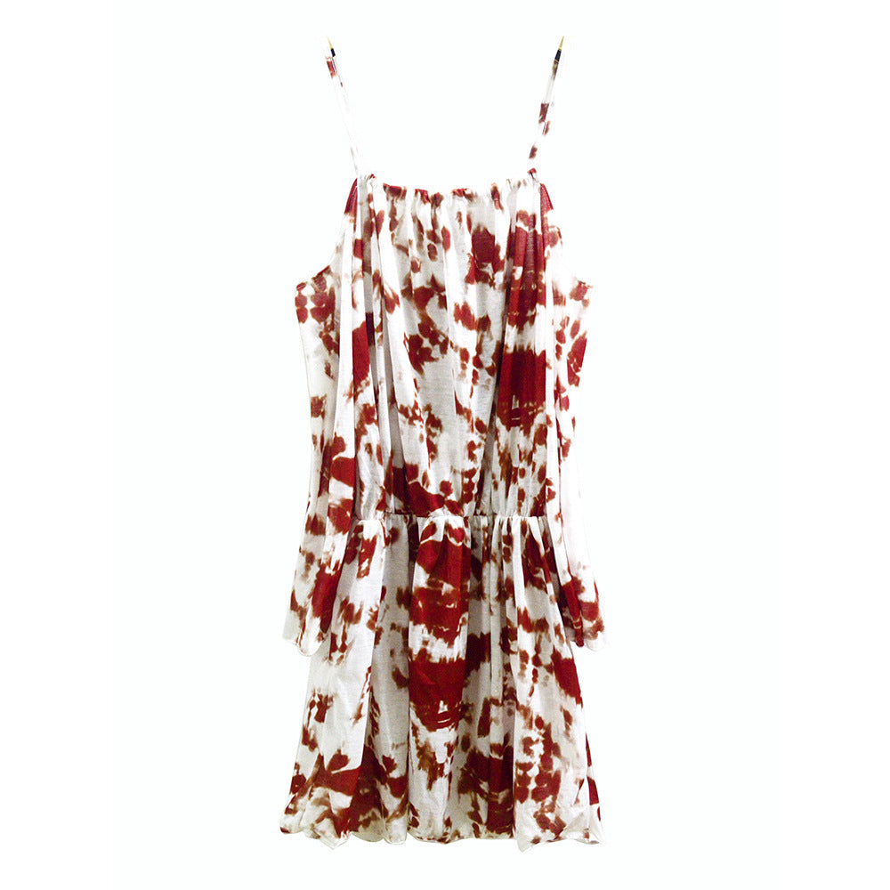 Tie Dye Cold Shoulder Long Sleeve Tie Neck Elastic Waist Mini Dress 3