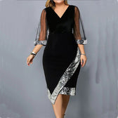 Velvet Sequin V-Neck Mesh Sleeve Bodycon Midi Dress 2