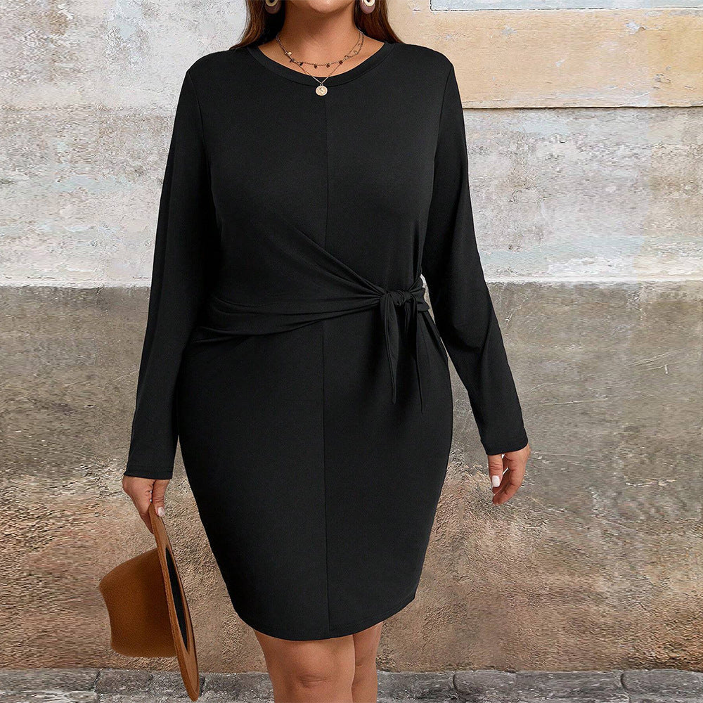 Plus Size Women Clothes round Neck Long Sleeved Waist Lace up Waist Controlled Slimming Hip Dress