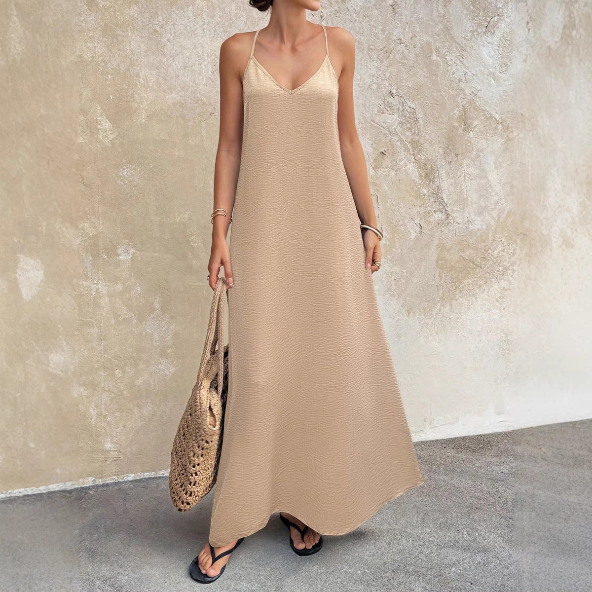 Casual Solid Color V neck Backless Sexy Sleeveless Strap Elegant Dress