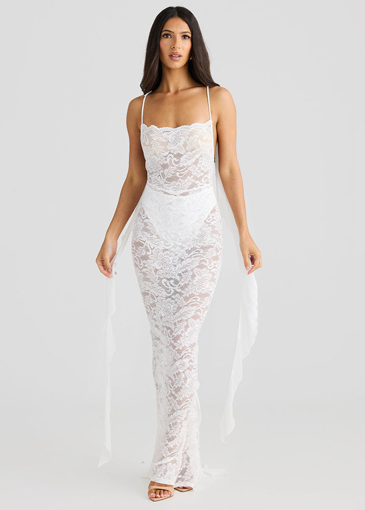 Sheer Floral Lace Spaghetti Strap Scarf Drape Bodycon Maxi Dress