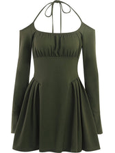 Green Cold Shoulder Dress With Fairycore Vibes M / Black Long Sleeve Skater Dress