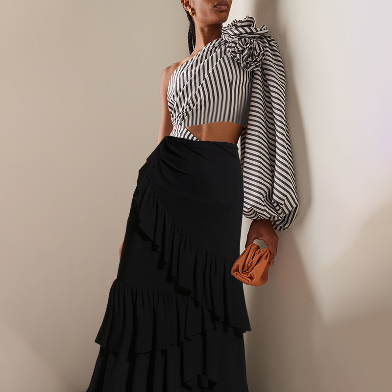 Nyoka One Shoulder Full Sleeve Swimsuit Set - Black