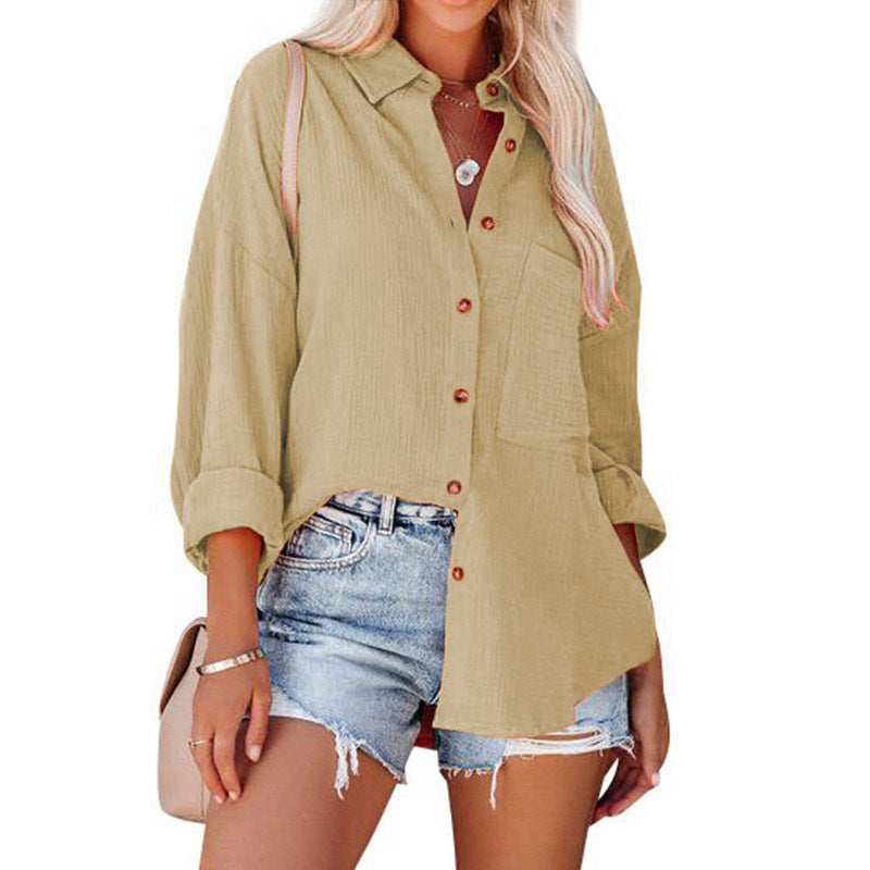 Collared Long Sleeve Button Down Textured Pocket Shirt