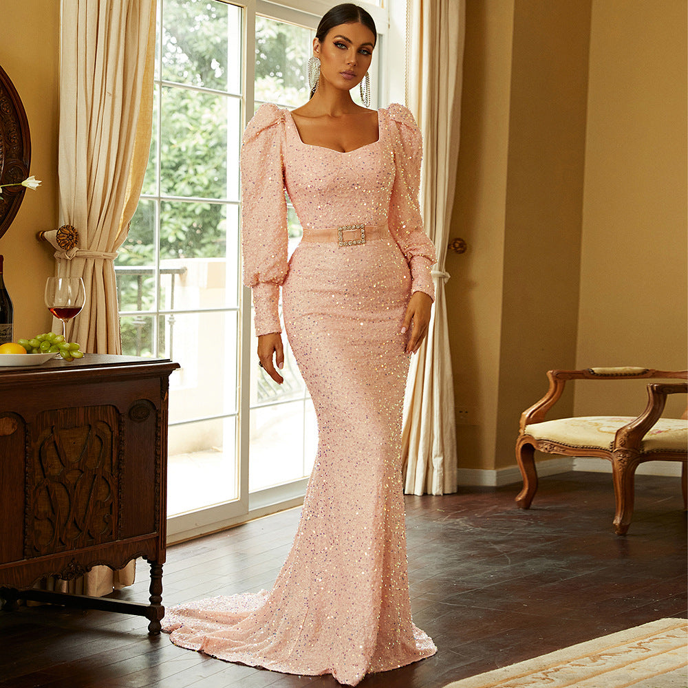 High Waist Long Sleeves Elegant Sexy Dress Sequined Dress Evening Dress Women