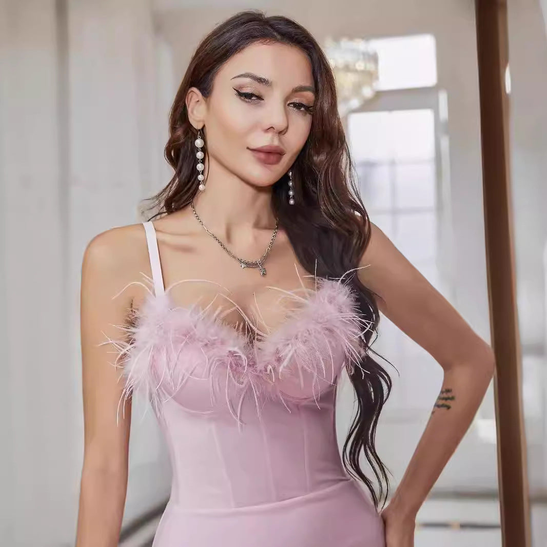 Feather Trim Bustier Corset Spaghetti Strap Bodycon Maxi Dress 3