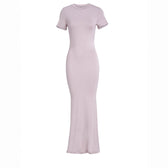 Crew Neck Short Sleeve Ruched Bodycon Maxi Dress 4