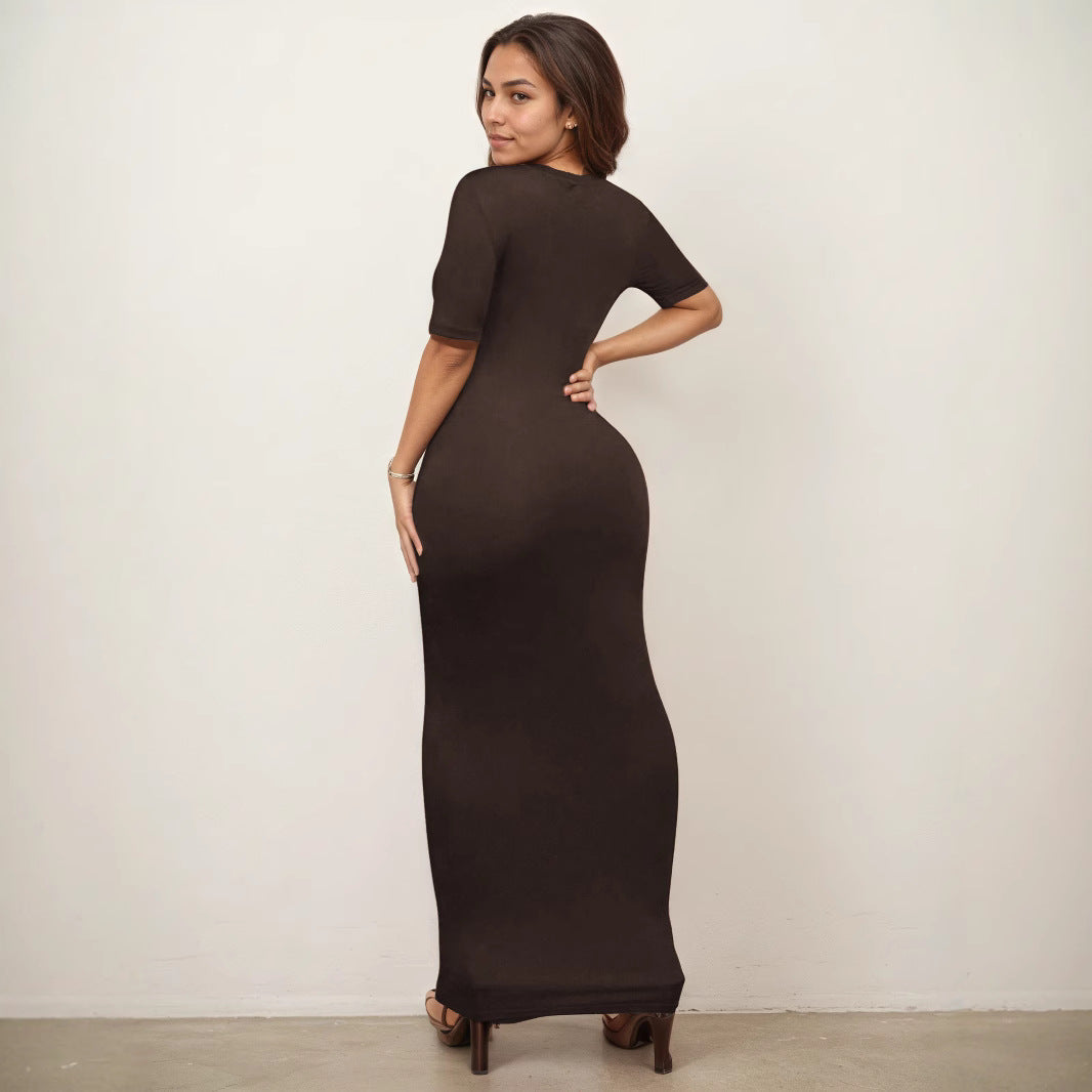 Slim Fit Sexy Women Clothing Deep V Plunge neck Half Sleeves Dress Solid Color High Elastic Sheath Dress