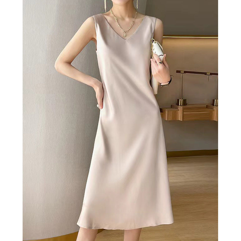 Satin V-Neck Sleeveless Wide Strap A-Line Midi Dress