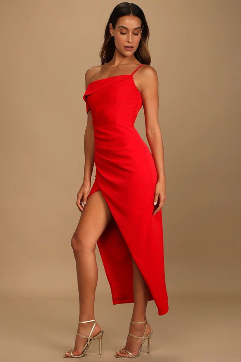 Women Clothing Party Evening Dress Cross-Shoulder Bag Hip off-Shoulder Irregular Asymmetric Slit Dress