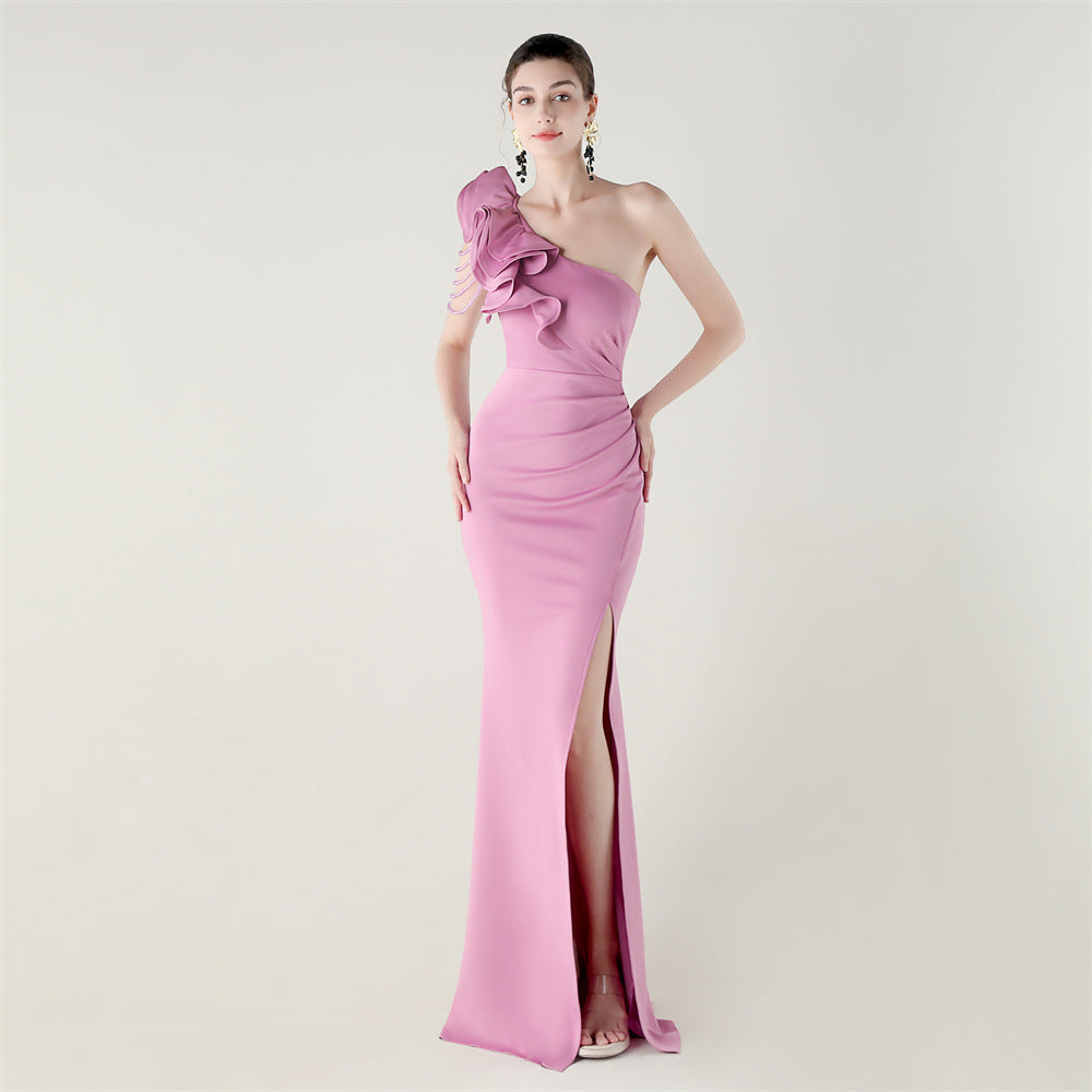 One Shoulder Craft Beading Wave Floral Satin High Slit Sexy Evening Dress Dinner Party Wedding Social - FashionAxe