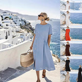 Crew Neck Short Sleeve Side Button Linen Midi Dress Summer