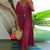V-Neck Short Sleeve Tiered Linen Maxi Dress 2