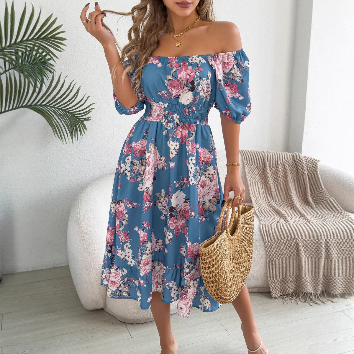Rose Print Off Shoulder Puff Sleeve Shirred Waist Ruffle Hem Midi Dress