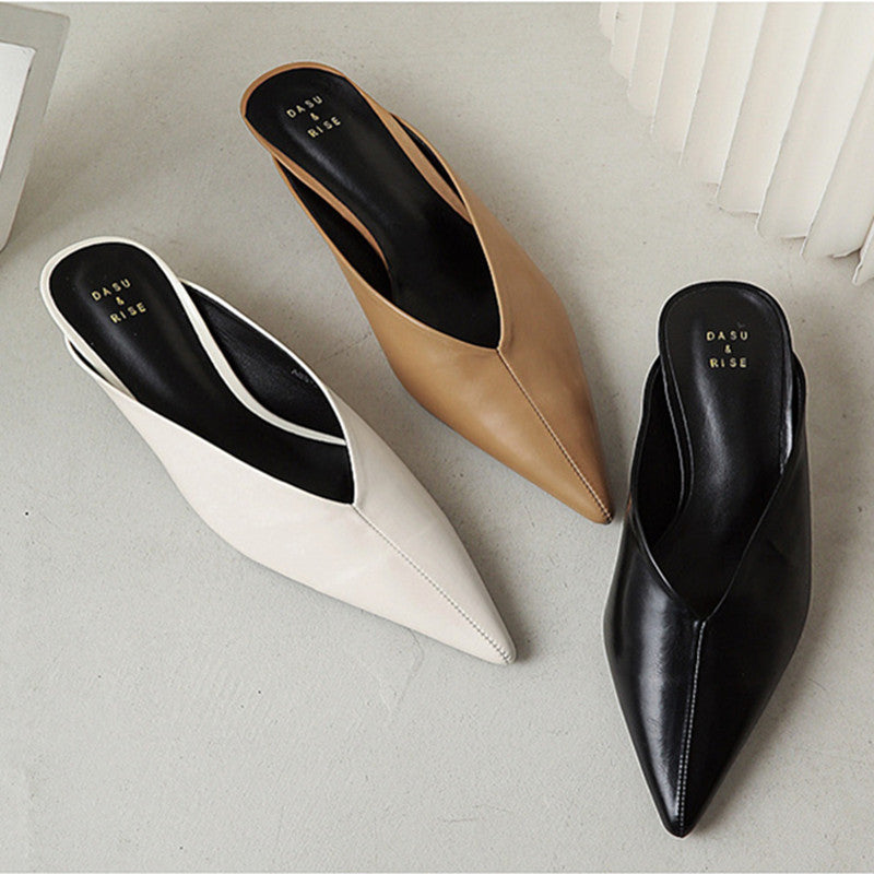 Pointed Toe V Cut Low Heel Mules