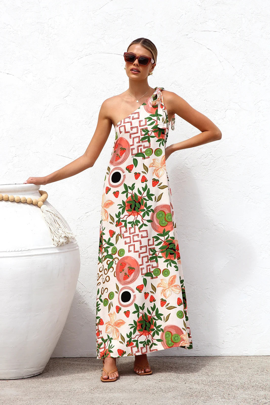 Fruit Print One Shoulder Bow Tie Strap Sleeveless Maxi Dress 2