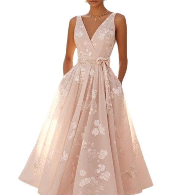 Floral V-Neck Sleeveless A-Line Midi Dress Wedding Guest 2