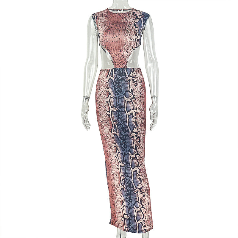 Snake Print Crew Neck Sleeveless Side Cut Out Bodycon Maxi Dress 2