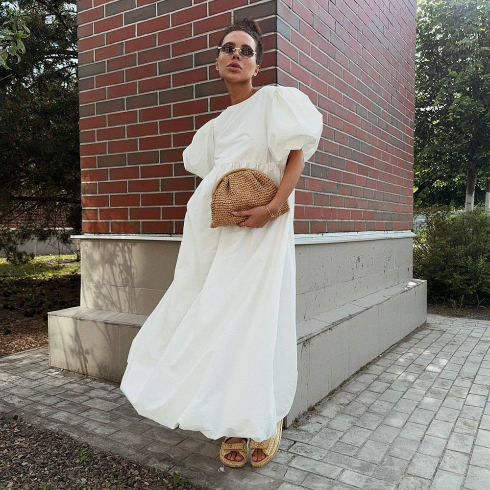 High Neck Puff Sleeve Bubble Hem Midi Dress 2
