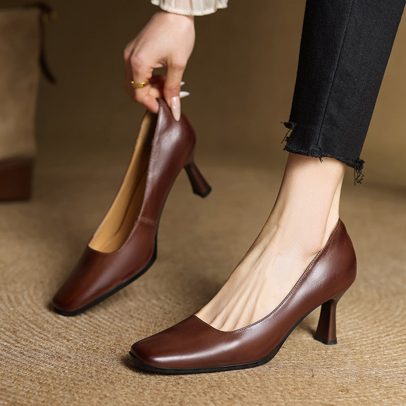 Square Toe Slip On Kitten Heel Leather Pumps