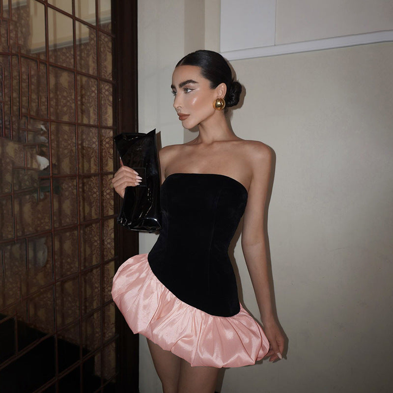 Winter Women Clothing Elegant Sleeveless Tube Top Advanced Suede Stitching Puffy Short Dress