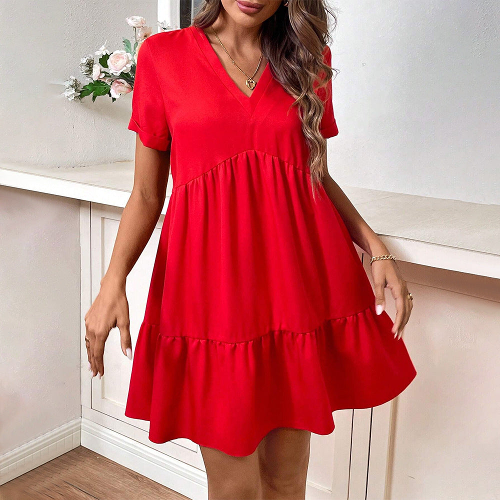 Popular Woven Elegant Small V neck Casual Loose Large Swing Dress
