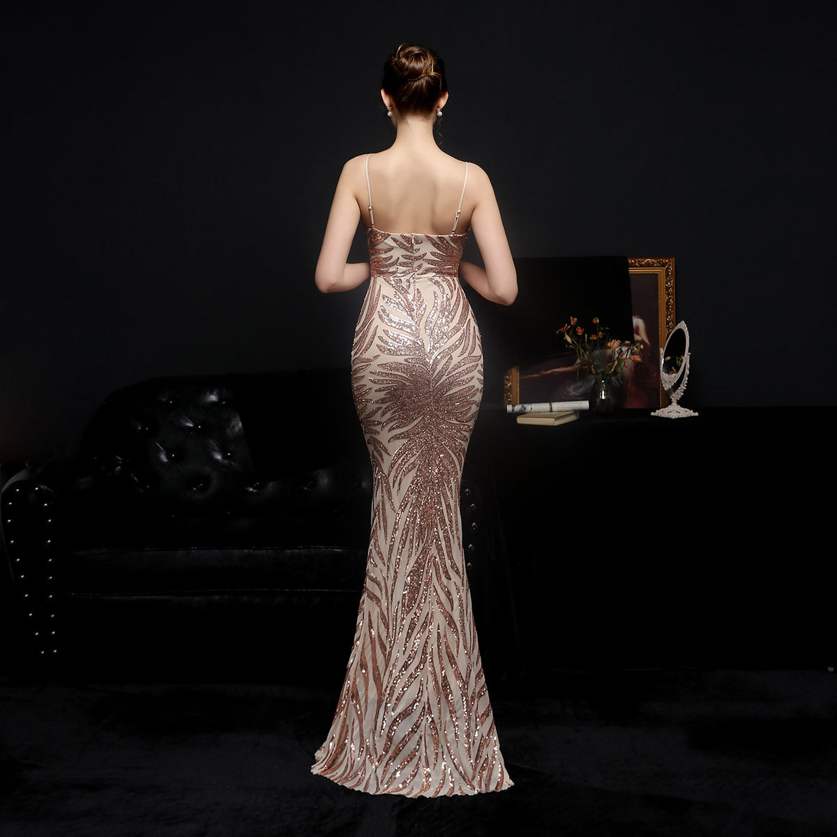 Leaf Pattern Sequin Plunge Spaghetti Strap Mermaid Evening Gown 5