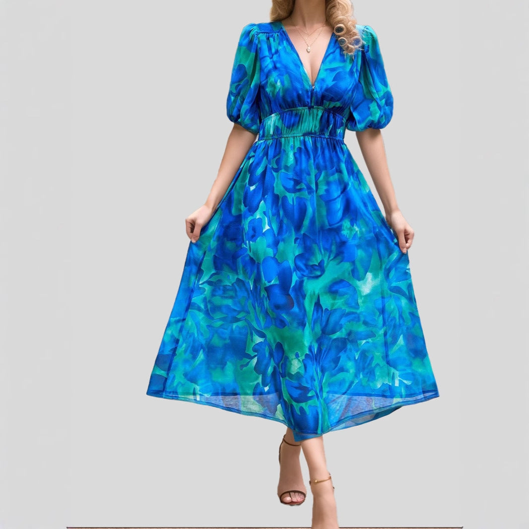 Abstract Print V-Neck Puff Sleeve Smocked Waist Midi Dress 2