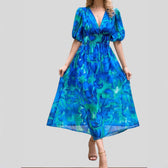 Abstract Print V-Neck Puff Sleeve Smocked Waist Midi Dress 2