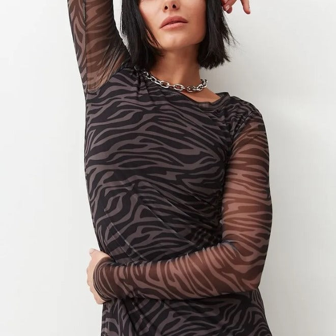 Leopard Print Mesh Long Sleeve Crew Neck Midi Dress 6
