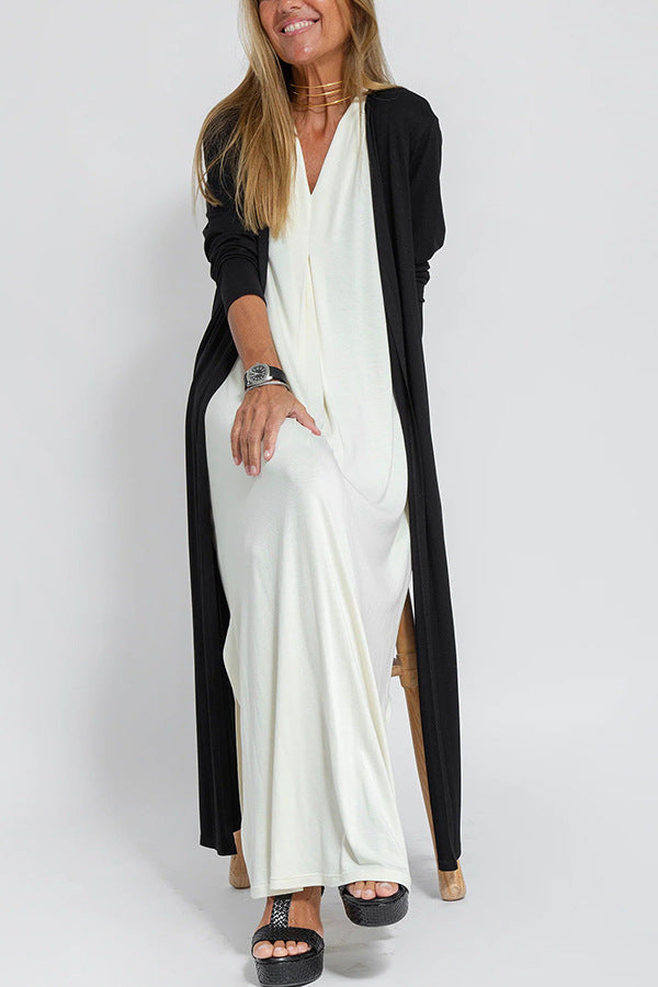 Elegant V-neck Sleeveless Long Dress Matching Vest Cardigan