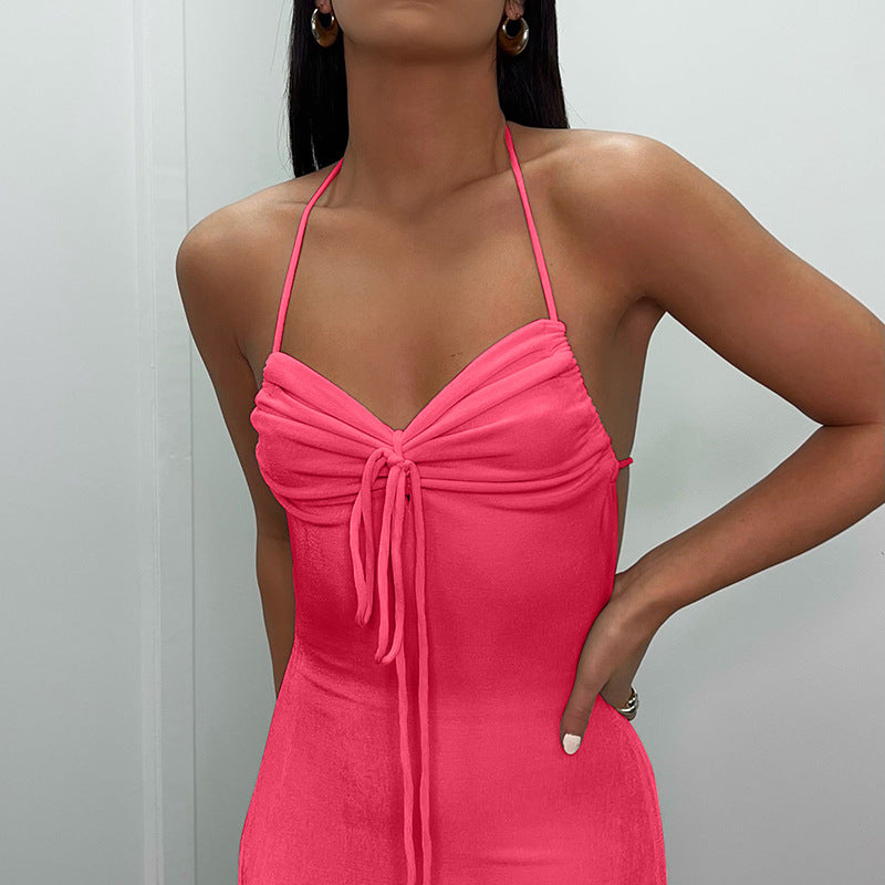 Halter Neck Ruched Drawstring Front Backless Bodycon Maxi Dress 4