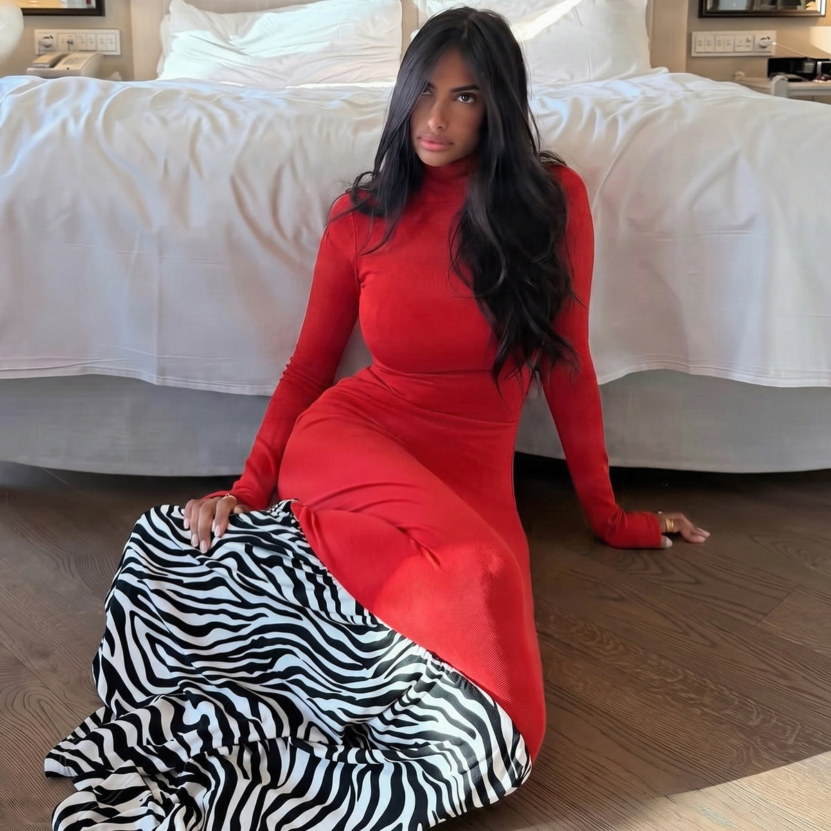 Women Clothing Zebra Pattern Color Contrast Patchwork Turtleneck Long Sleeve Sexy Waist Trimming Dress