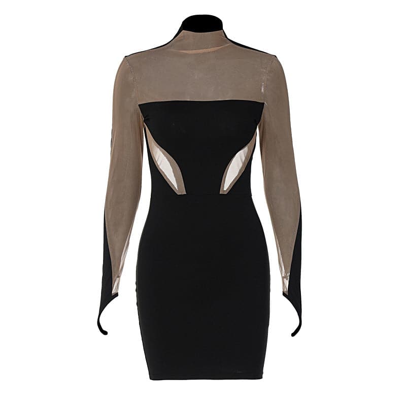 Mesh patchwork contrast gloves high neck mini dress 8